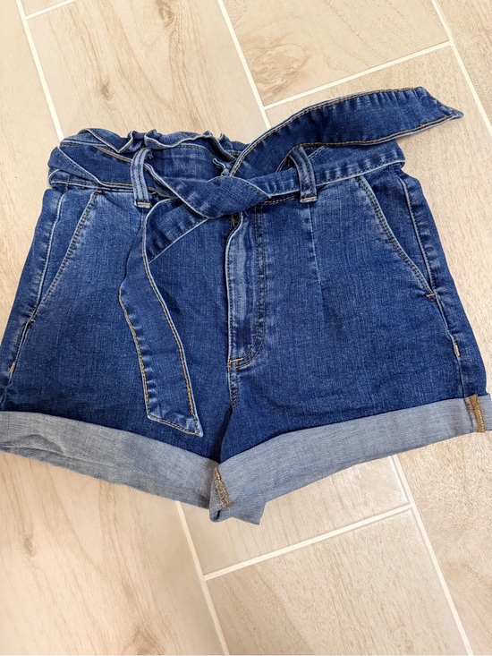 Express Pants - Express Dark Blue Paperbag Waist Denim Shorts with Belt